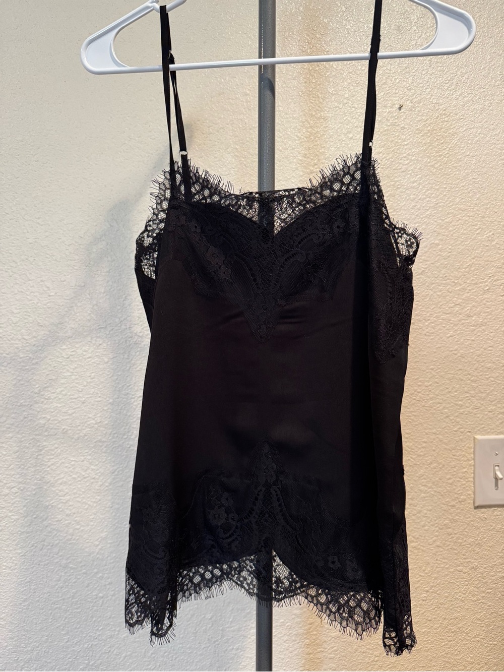 Black Lace-Trim Satin Cami with Delicate Spaghetti Straps